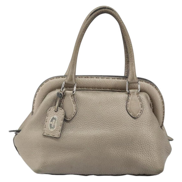 FENDI Celeria Hand Bag Leather Beige Silver Auth hk3299