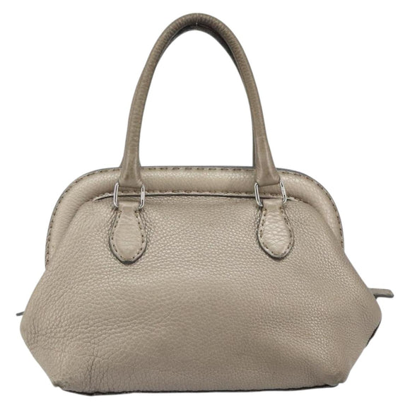 FENDI Celeria Hand Bag Leather Beige Silver Auth hk3299