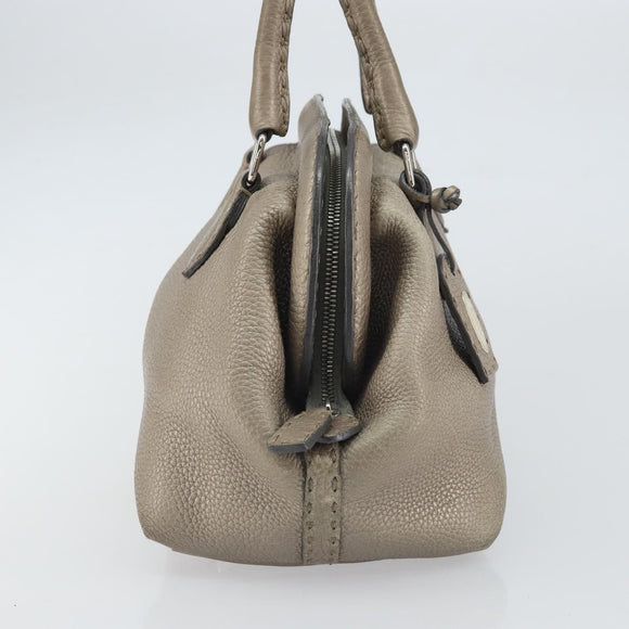 FENDI Celeria Hand Bag Leather Beige Silver Auth hk3299