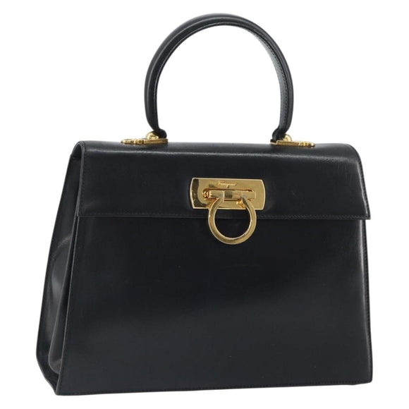 Salvatore Ferragamo Gancini Hand Bag Leather Black Gold Auth hk3303