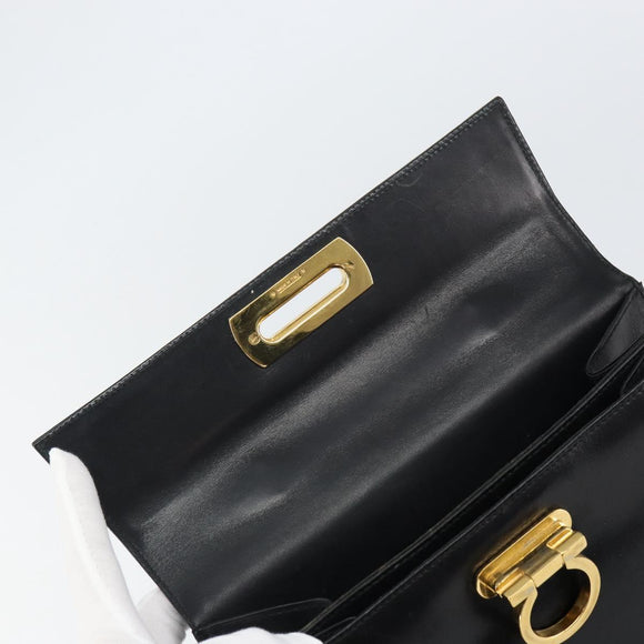 Salvatore Ferragamo Gancini Hand Bag Leather Black Gold Auth hk3303