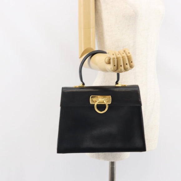 Salvatore Ferragamo Gancini Hand Bag Leather Black Gold Auth hk3303