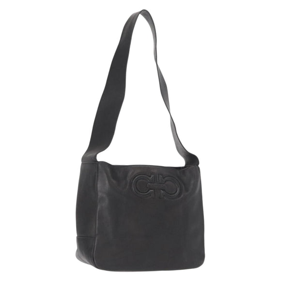 Salvatore Ferragamo Gancini Shoulder Bag Leather Black Gold Auth hk3306