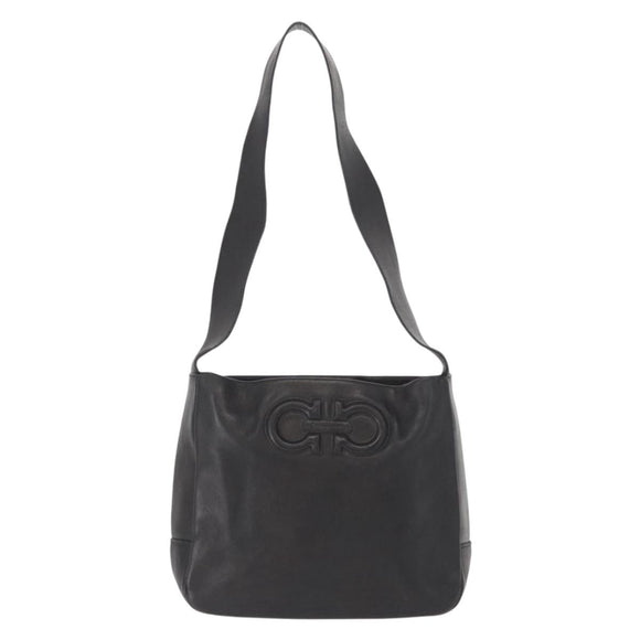 Salvatore Ferragamo Gancini Shoulder Bag Leather Black Gold Auth hk3306