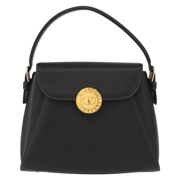 VALENTINO Hand Bag Leather Black Gold Auth hk3312