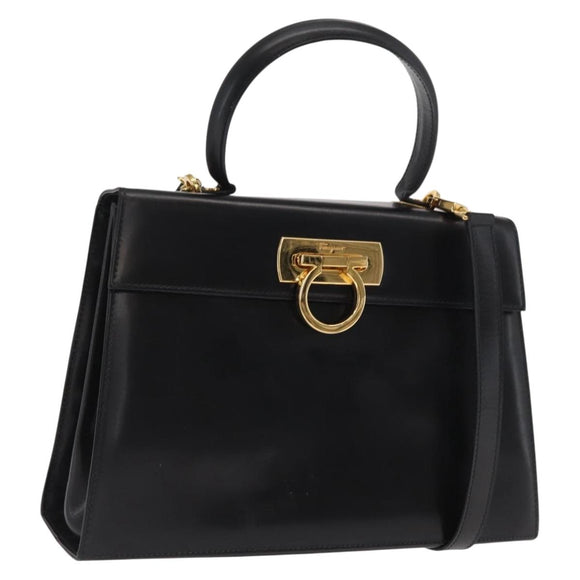 Salvatore Ferragamo Gancini Hand Bag Leather 2way Black Gold Auth hk3364