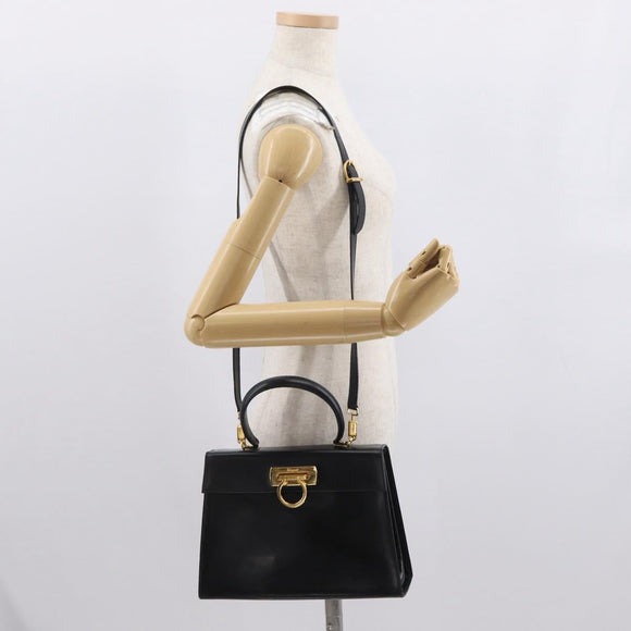 Salvatore Ferragamo Gancini Hand Bag Leather 2way Black Gold Auth hk3364