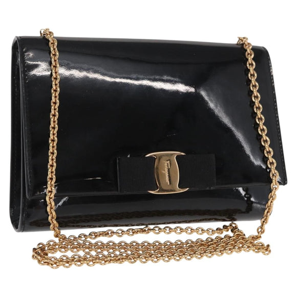 Salvatore Ferragamo Vala Chain Bag Patent leather Black Gold Auth hk3377