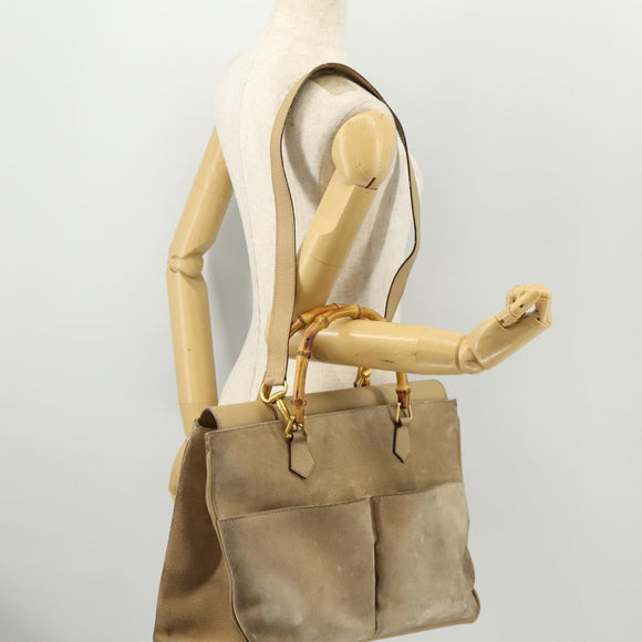 GUCCI Bamboo Tragetasche Wildleder 2-Wege Beige Gold 002 123 0322 Auth hk3487