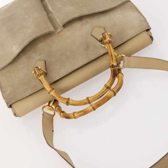 GUCCI Bamboo Tragetasche Wildleder 2-Wege Beige Gold 002 123 0322 Auth hk3487