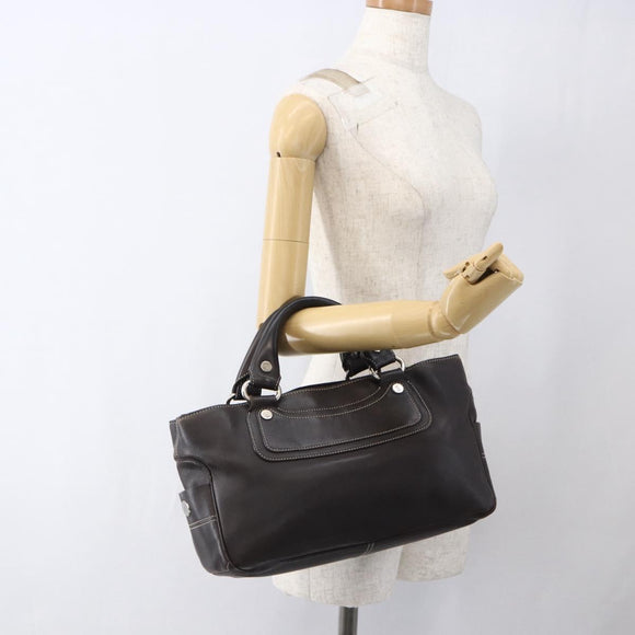 CELINE Boogie bag Hand Bag Leather Dark Brown Silver Auth hk3492