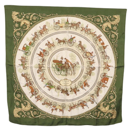 HERMES Carre 90 Scarf ""LA PROMENADE DE LONGCHAMPS"" Silk Khaki Auth hk3509
