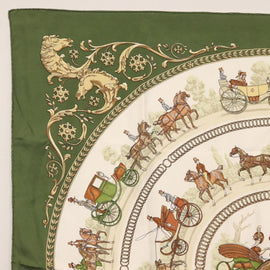 HERMES Carre 90 Scarf ""LA PROMENADE DE LONGCHAMPS"" Silk Khaki Auth hk3509 - 0