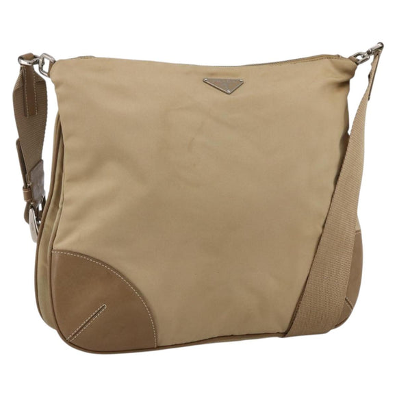 PRADA Shoulder Bag Nylon Beige Silver Auth hk3534