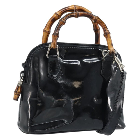 GUCCI Bamboo Hand Bag Patent 2way Black Silver 007 1014 0231 0 Auth hk3535