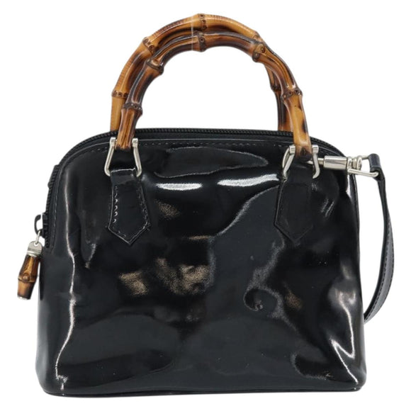 GUCCI Bamboo Hand Bag Patent 2way Black Silver 007 1014 0231 0 Auth hk3535