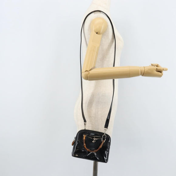 GUCCI Bamboo Hand Bag Patent 2way Black Silver 007 1014 0231 0 Auth hk3535