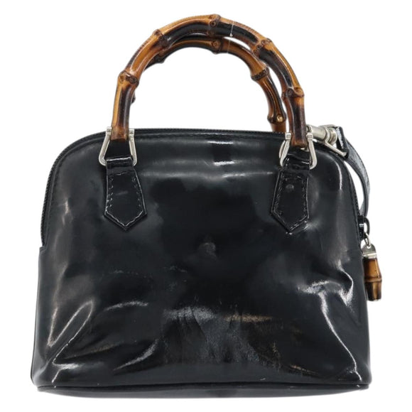 GUCCI Bamboo Hand Bag Patent 2way Black Silver 007 1014 0231 0 Auth hk3535