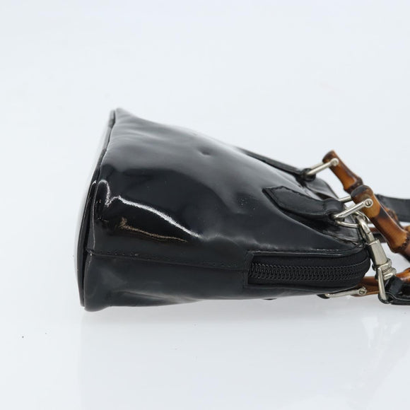 GUCCI Bamboo Hand Bag Patent 2way Black Silver 007 1014 0231 0 Auth hk3535