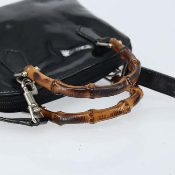 GUCCI Bamboo Hand Bag Patent 2way Black Silver 007 1014 0231 0 Auth hk3535