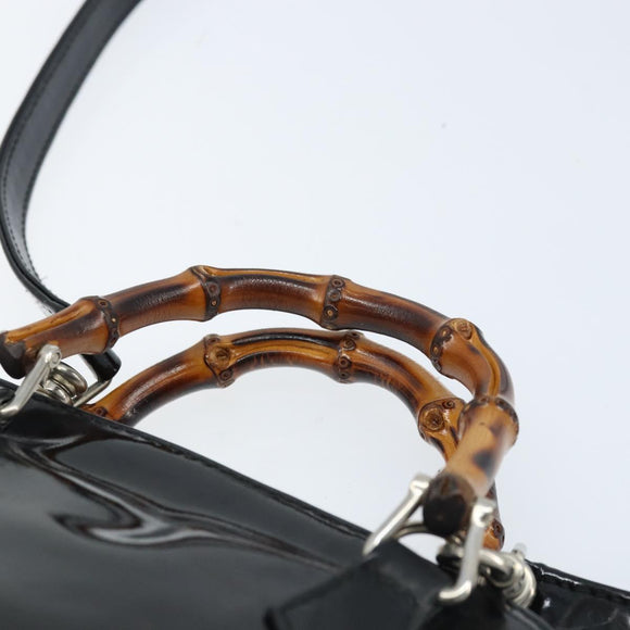 GUCCI Bamboo Hand Bag Patent 2way Black Silver 007 1014 0231 0 Auth hk3535