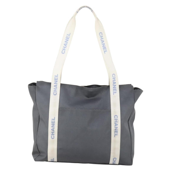CHANEL Tote Bag Nylon Gray Silver CC Auth hk3544