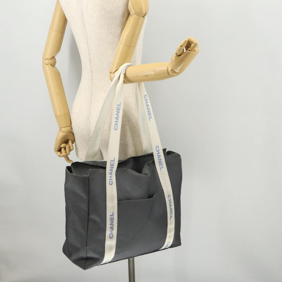 CHANEL Tote Bag Nylon Gray Silver CC Auth hk3544