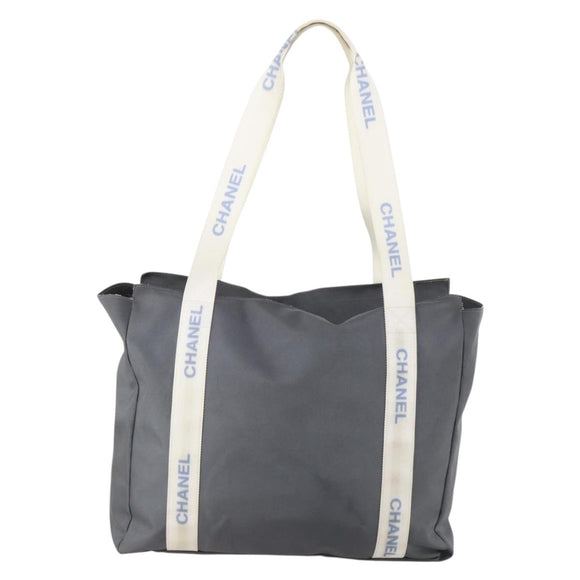 CHANEL Tote Bag Nylon Gray Silver CC Auth hk3544