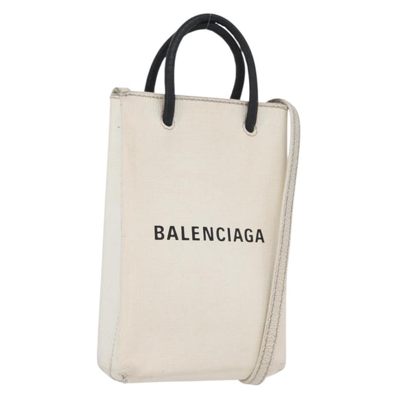BALENCIAGA Shopping Phone Holder Shoulder Bag Leather White 593826 Auth hk3545