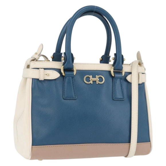 Salvatore Ferragamo Gancini Hand Bag Leather 2way Blue Gold Auth hk3580A