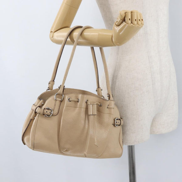 Salvatore Ferragamo Gancini Hand Bag Leather Beige Silver Auth hk3582