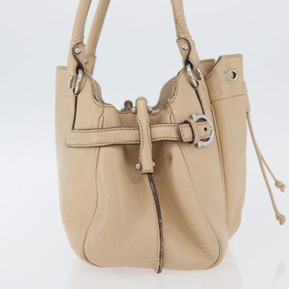 Salvatore Ferragamo Gancini Hand Bag Leather Beige Silver Auth hk3582
