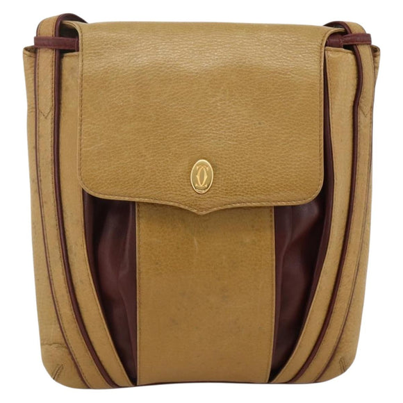 CARTIER Shoulder Bag Leather Beige Gold Auth hk3586