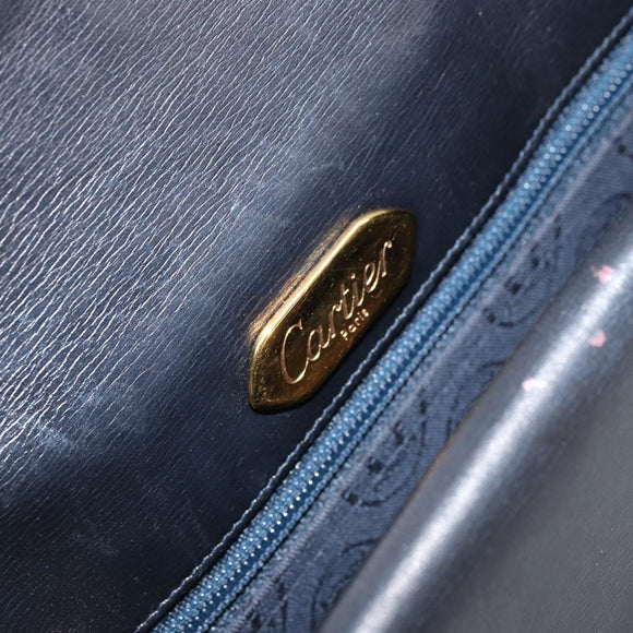 CARTIER Shoulder Bag Leather Navy Gold Auth hk3587