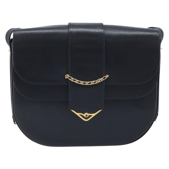 CARTIER Shoulder Bag Leather Navy Gold Auth hk3587