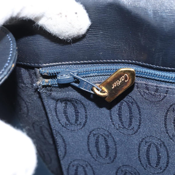 CARTIER Shoulder Bag Leather Navy Gold Auth hk3587