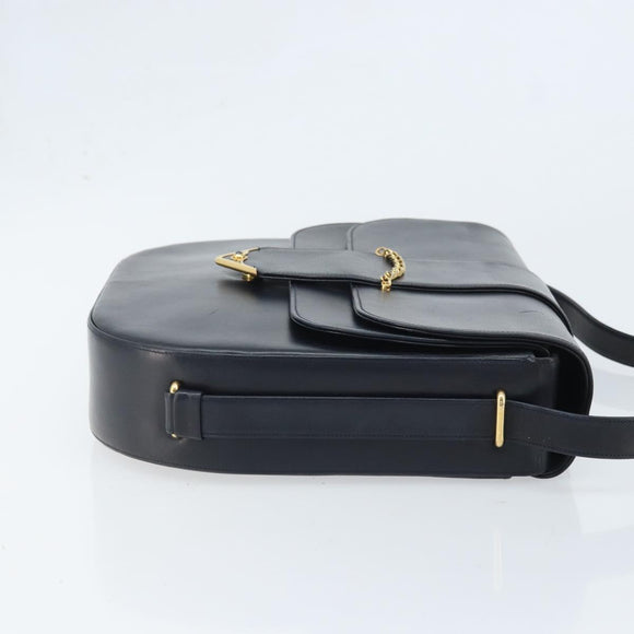 CARTIER Shoulder Bag Leather Navy Gold Auth hk3587