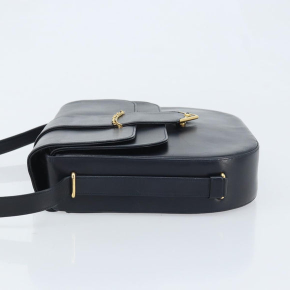 CARTIER Shoulder Bag Leather Navy Gold Auth hk3587