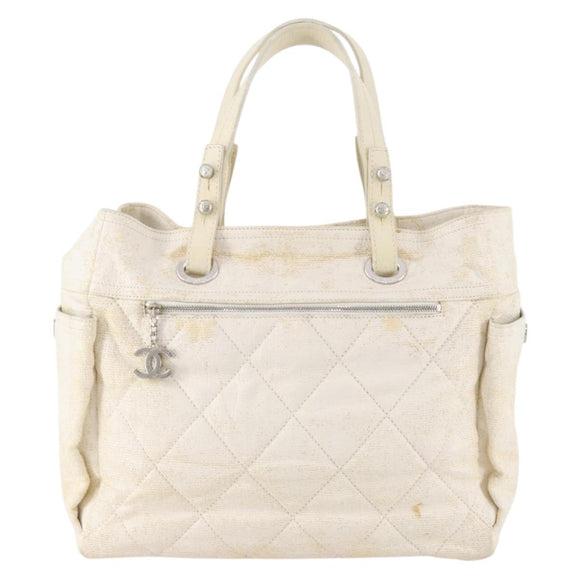 CHANEL Matelasse Paris Biarritz GM Tote Bag PVC Canvas White CC Auth hk3597