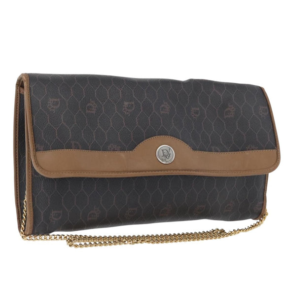 Christian Dior Honeycomb Canvas Chain Bag PVC Leather Black Gold Auth hk3598