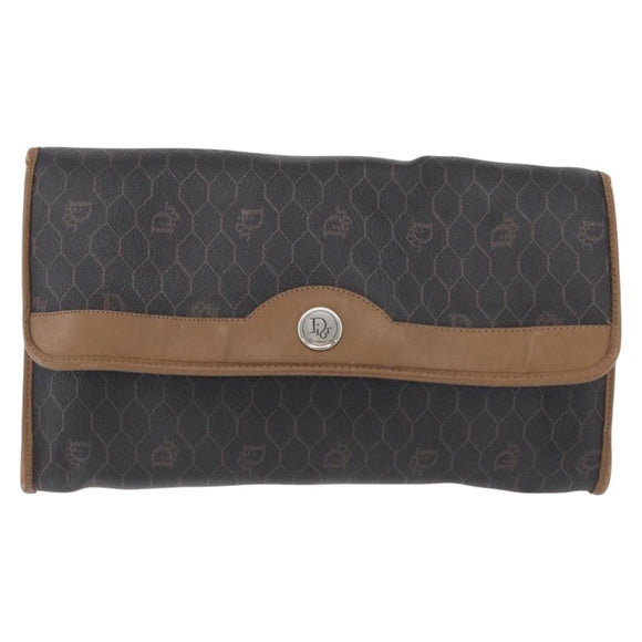 Christian Dior Honeycomb Canvas Chain Bag PVC Leather Black Gold Auth hk3598