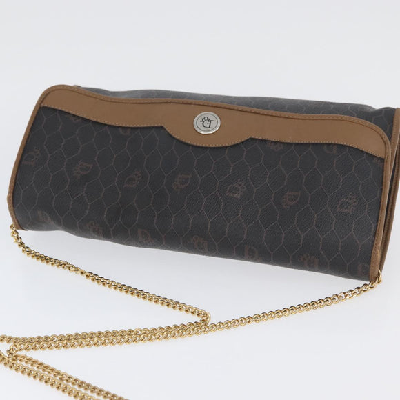 Christian Dior Honeycomb Canvas Chain Bag PVC Leather Black Gold Auth hk3598