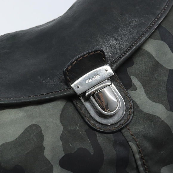 PRADA Camouflage Shoulder Bag Nylon Leather Khaki Black Silver Auth hk3599