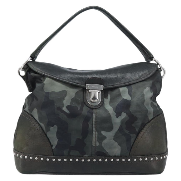 PRADA Camouflage Shoulder Bag Nylon Leather Khaki Black Silver Auth hk3599