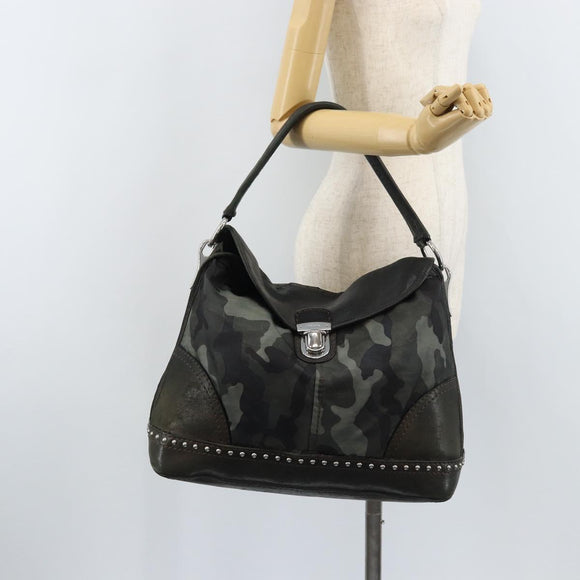 PRADA Camouflage Shoulder Bag Nylon Leather Khaki Black Silver Auth hk3599