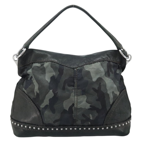 PRADA Camouflage Shoulder Bag Nylon Leather Khaki Black Silver Auth hk3599