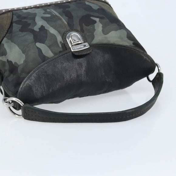 PRADA Camouflage Shoulder Bag Nylon Leather Khaki Black Silver Auth hk3599