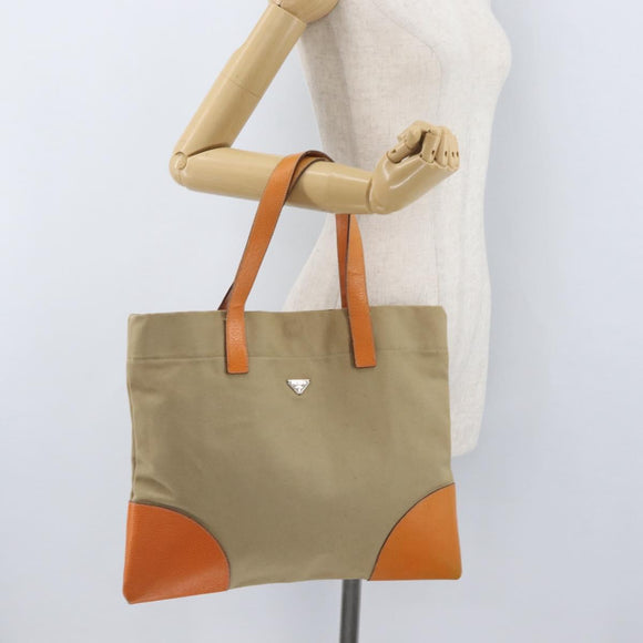 PRADA Tote Bag Canvas Leather Beige Orange Silver Auth hk3602