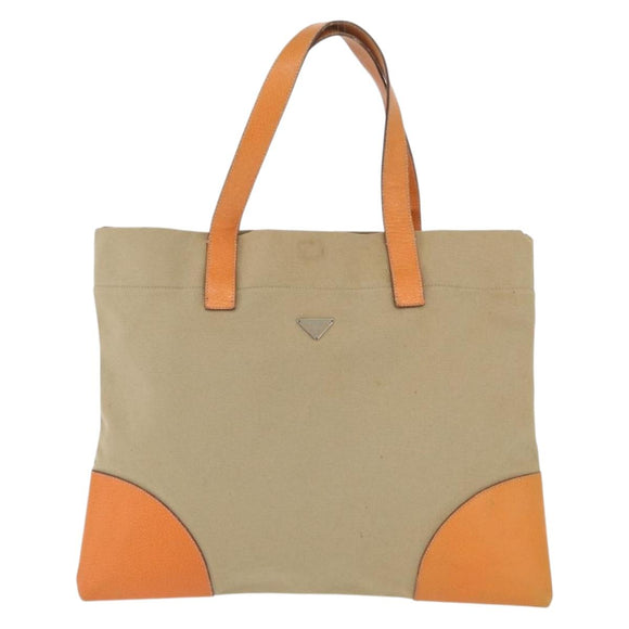 PRADA Tote Bag Canvas Leather Beige Orange Silver Auth hk3602