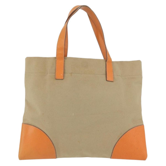 PRADA Tote Bag Canvas Leather Beige Orange Silver Auth hk3602